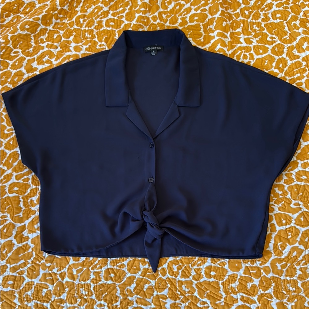 Shinestar Blue Crop Tie Front Button Down Shirt